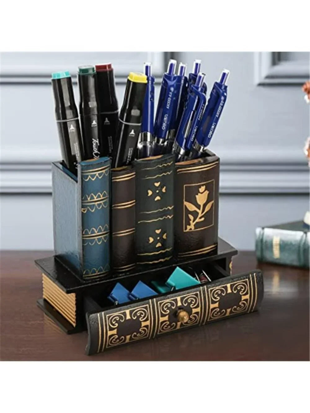 Decorative Pen Holder with Storage Drawer, Wooden Pencil Holder